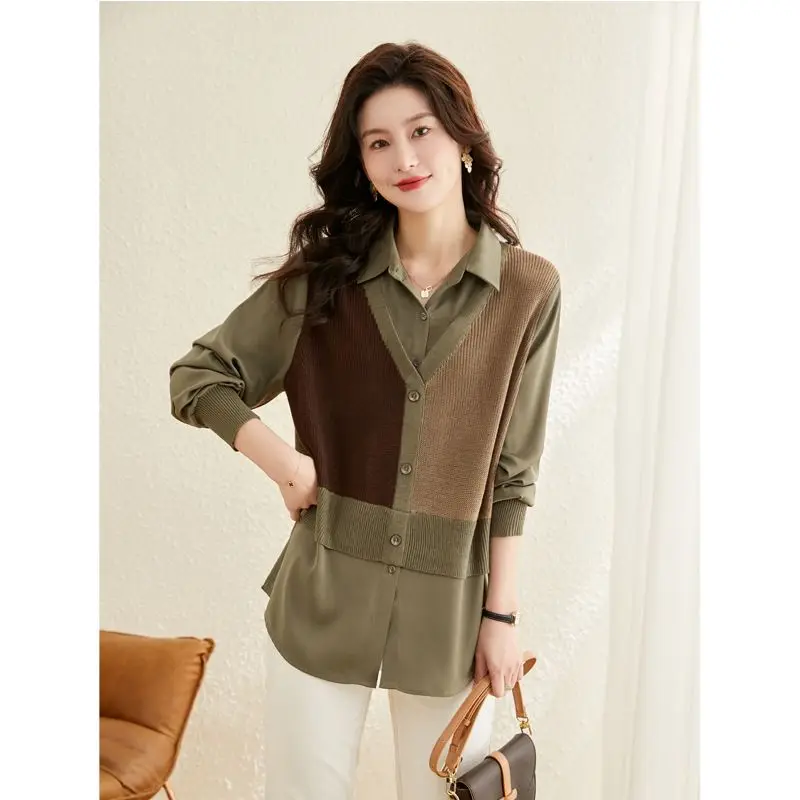 Поддельные две рубашки, сращенный свитер для женщин весной и осенью 2024, новая вязаная корейская версия, свободная базовая рубашка с длинными рукавами