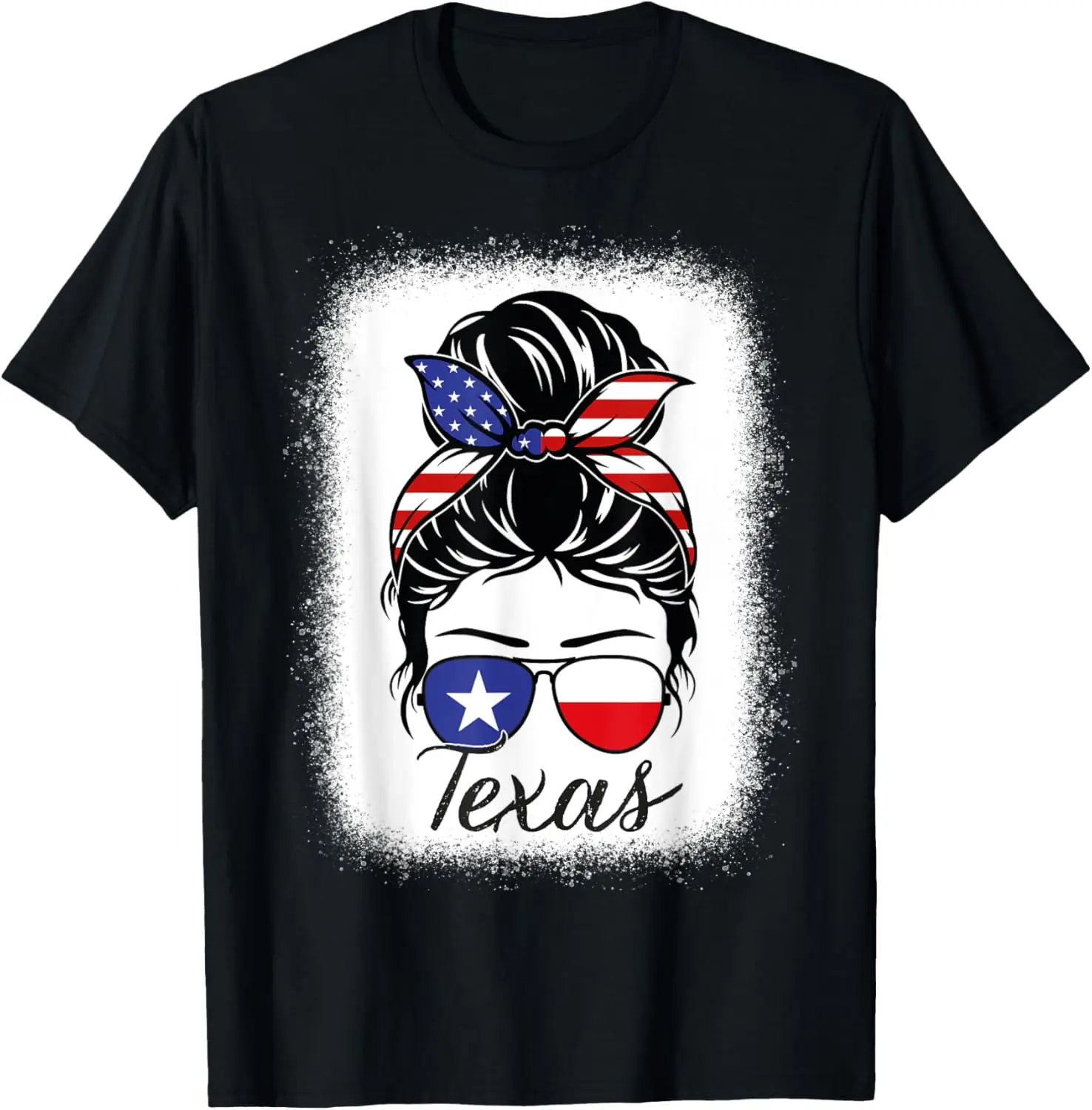 Texas Flag State Girl Woman Messy Bun 4th Of July Funny T-Shirt,Crew T-shirt