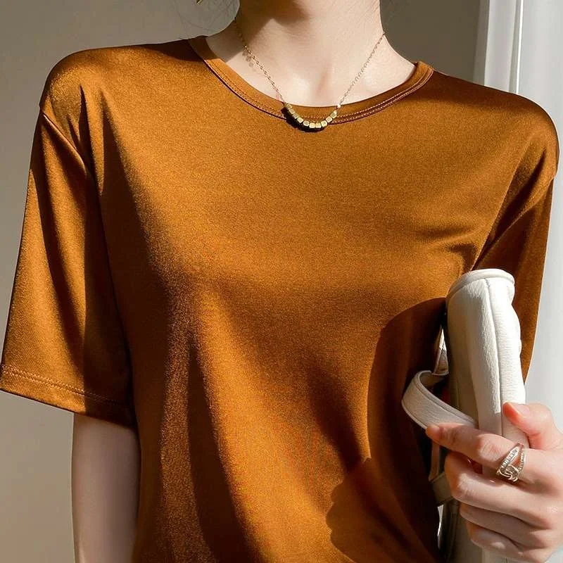 

Spring Summer New round Ne V-Ne Triacetic Acid Gloss Women's T-irt Linen Fabric ort Sve Low round Ne Pure Color