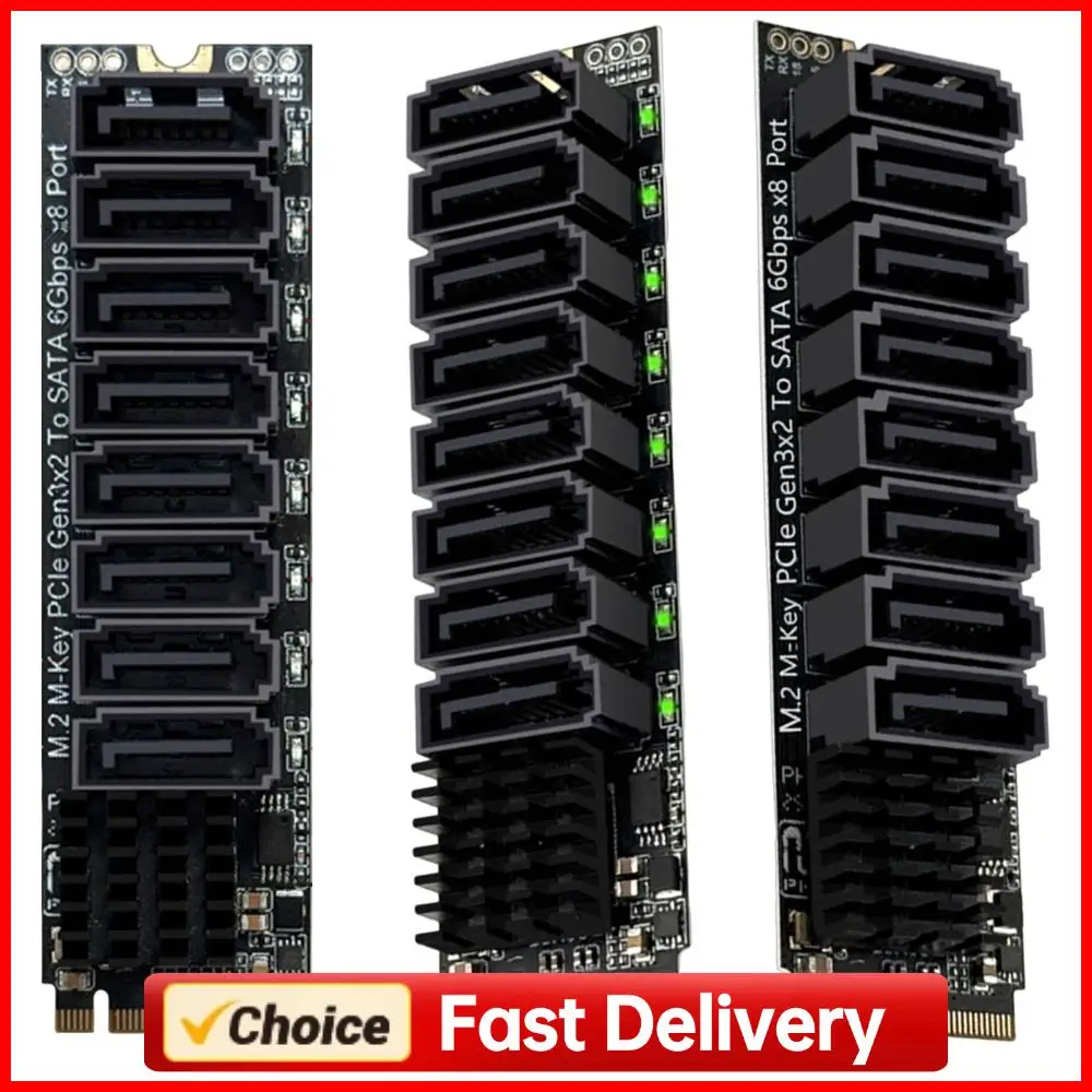 M.2 NVMe To SATA 3.0 Expansion Card ASM1166 6Gbps 8 Port M.2 M-Key PCIE3.0 To SATA Adapter with Smart Indicator for Desktop PC