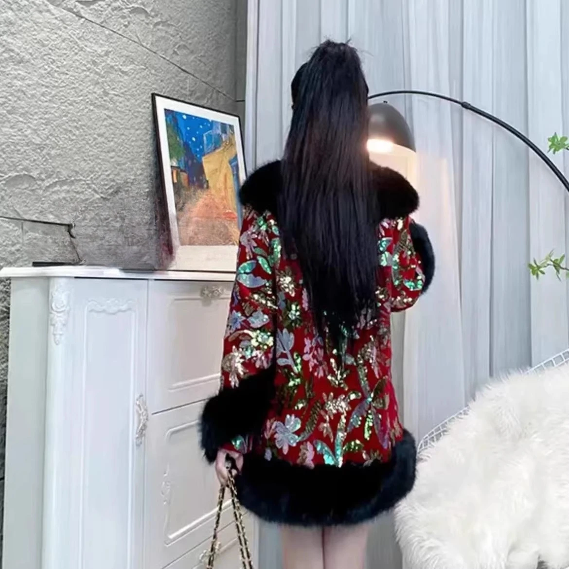 Women 2025 Winter New Fashion Fur Integration Coat High-end Sparkling Sequin Imitation Mink Fur Long Sleeve Beauty Chic Faux Fur