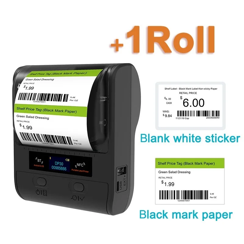 Top DP30S 30-80mm Mini Portable Thermal Printer BT Barcode Hand Multifunctional Price Label Sticker Maker Android / iOS