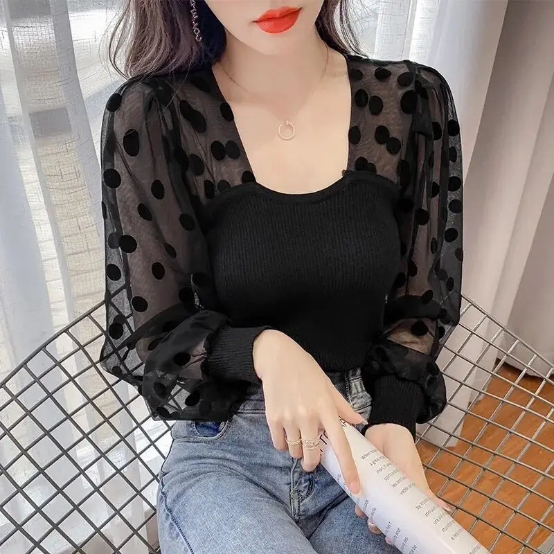 2023 French Style Long Sleeve T-shirt Spring Square Neck Lace Patchwork Polka Dot Puff Sleeve Pullovers Female Temperament Tops