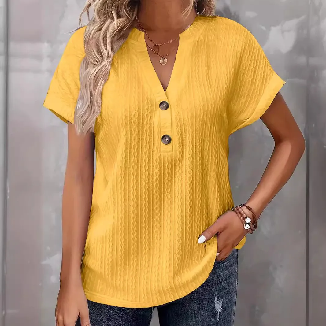 Women's Punk V Neck Loose Fit Short Sleeve Button T Shirt Female Clothing Women T-shirts And Polos Woman Clothes Women's T-shirt