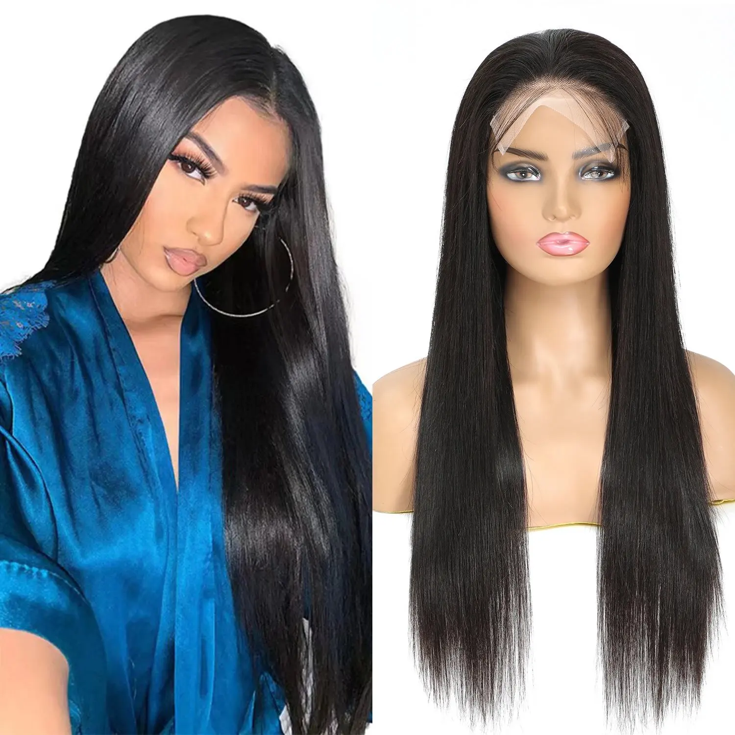 Natural Black 13X6 HD Lace Forehead Wig Human Hair 13x4 Straight 150 Density Pre-plucked Indian Hair for Women 24 inch