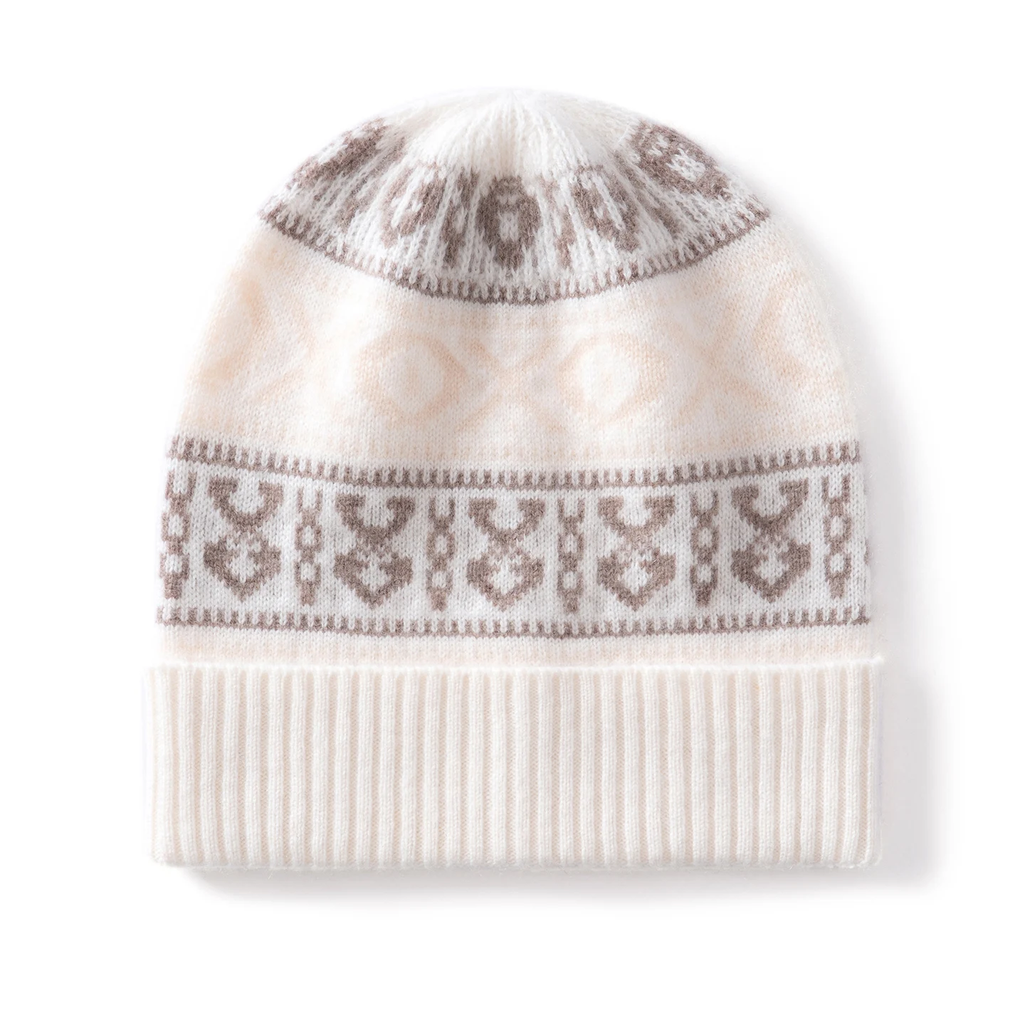 KOIJINSKY 35% Cashmere Knit Beanie Retro Nordic Geometric Fair Isle Pattern Ribbed Cuff Soft Warm Winter Hat for Women