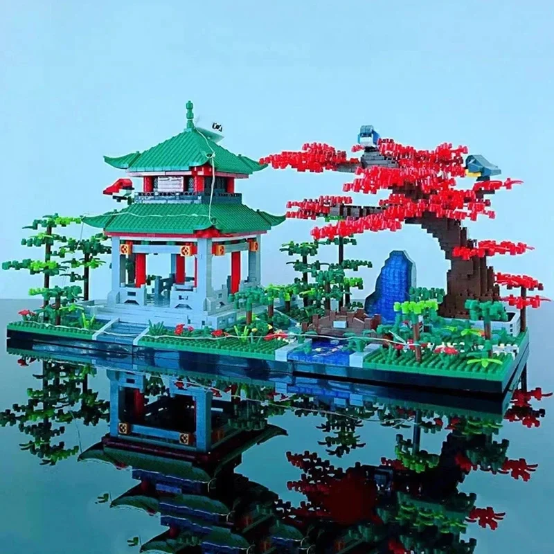 Ancient Chinese Architecture Building Blocks Evening Pavilion Tree Garden Bridge River Model Bricks Toy Gift Desktop Ornament