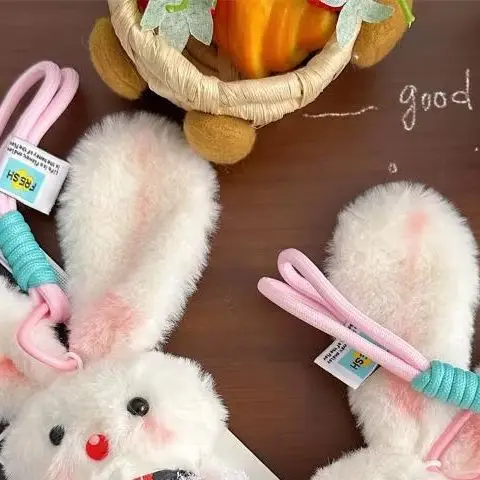 Cartoon Cute Long-eared Rabbit Squeak Plush Doll Stuffed Toys Keychain Pendant Lanyard Girly Keyring Bag Hanging Ornaments Gifts
