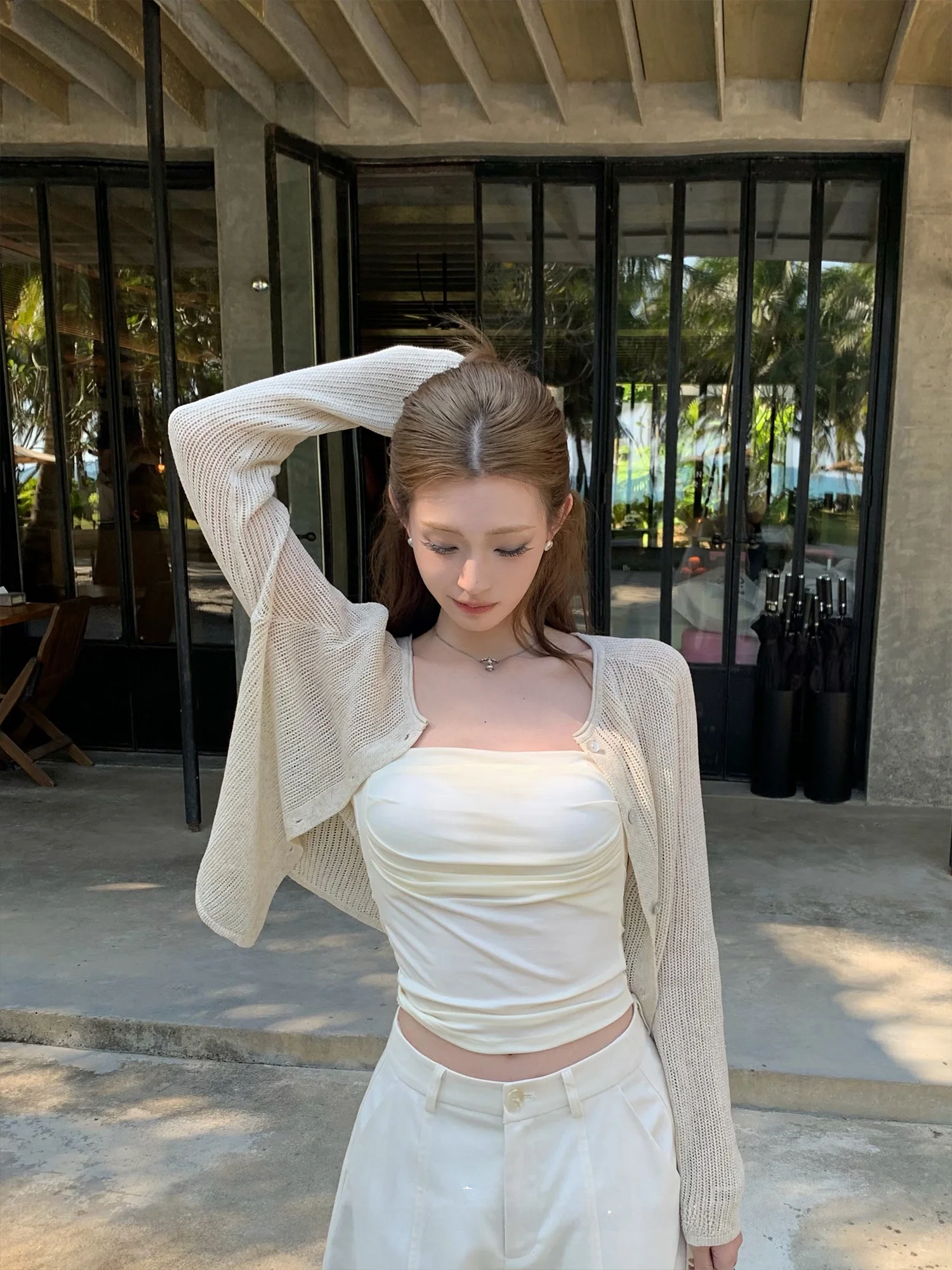 

Летний кардиган Chen Mi Fan из спандекса и лайкры с вырезами, защита от солнца, тонкий, свободный крой, для кондиционированных помещений, женский топ