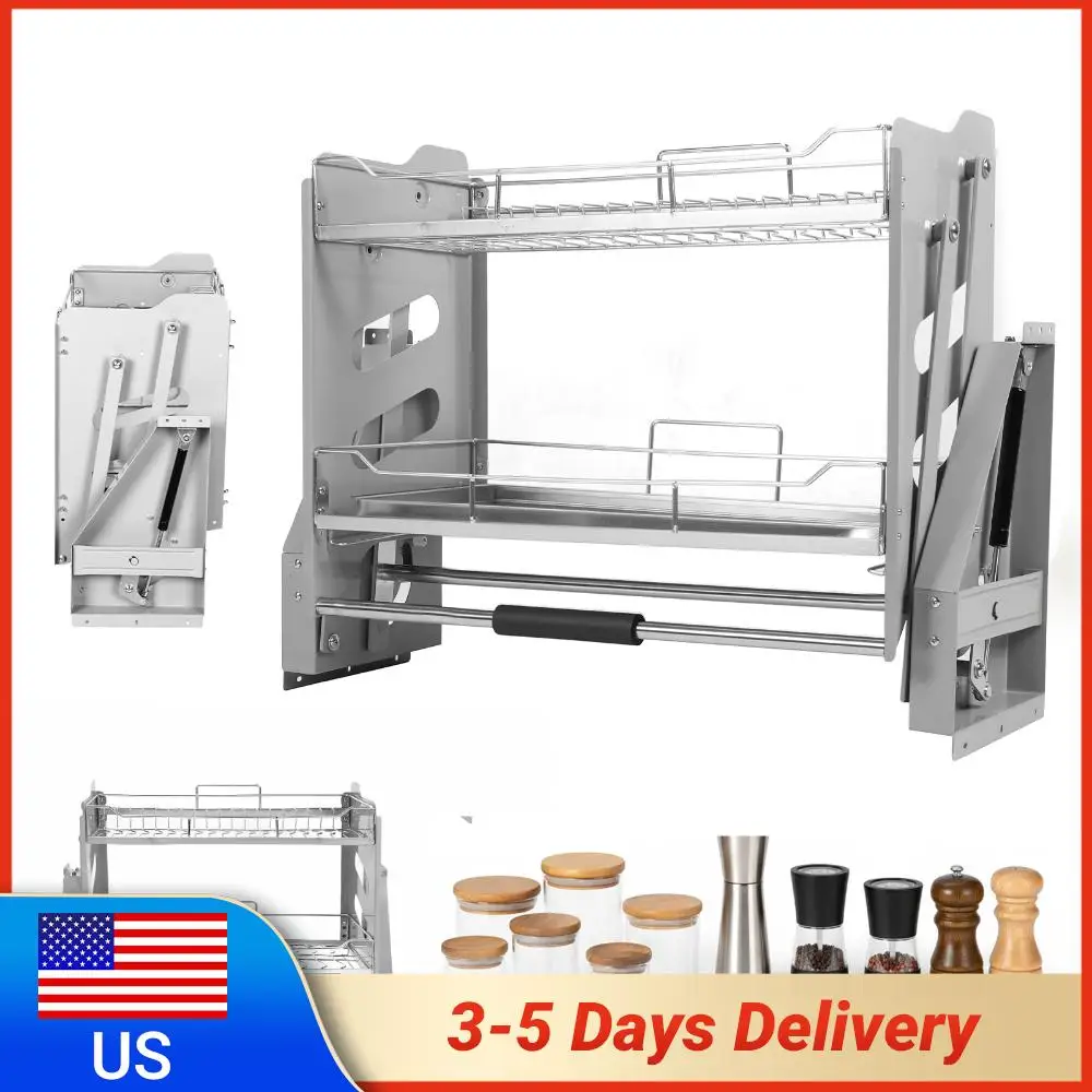 2-Tier Pull Down Cabinet Organizer Pull Cabinet Shelf Organizer 304 Stainless Steel 22-34 Inch Width for Snacks Bowls Plate