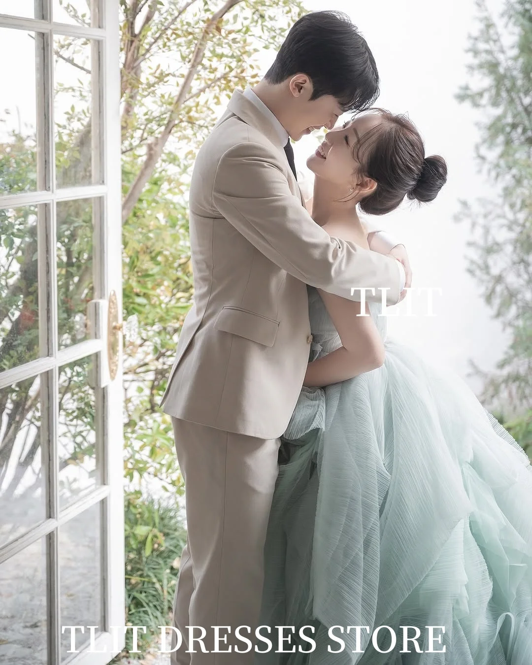 فستان سهرة أنيق من TLIT باللون الأزرق الضباب من الأورجانزا فستان زفاف كوري لالتقاط الصور بدون حمالات بدون أكمام فساتين حفلات مشد مخصص