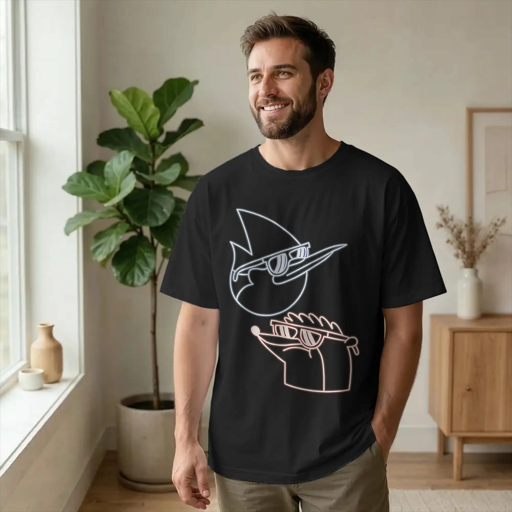 Retro Mordecai and Rigby neon T-Shirt Men's 100%Cotton Short Sleeve Regulars Show  Round Neck Summer Clothes