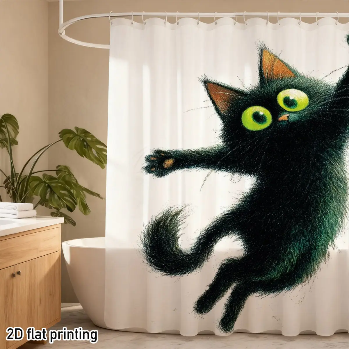 1PC Black Cat Shower Curtain – Jumping Pose, Glow Green Eyes & Paws, 2D Print, Mildew-Resistant Polyester,