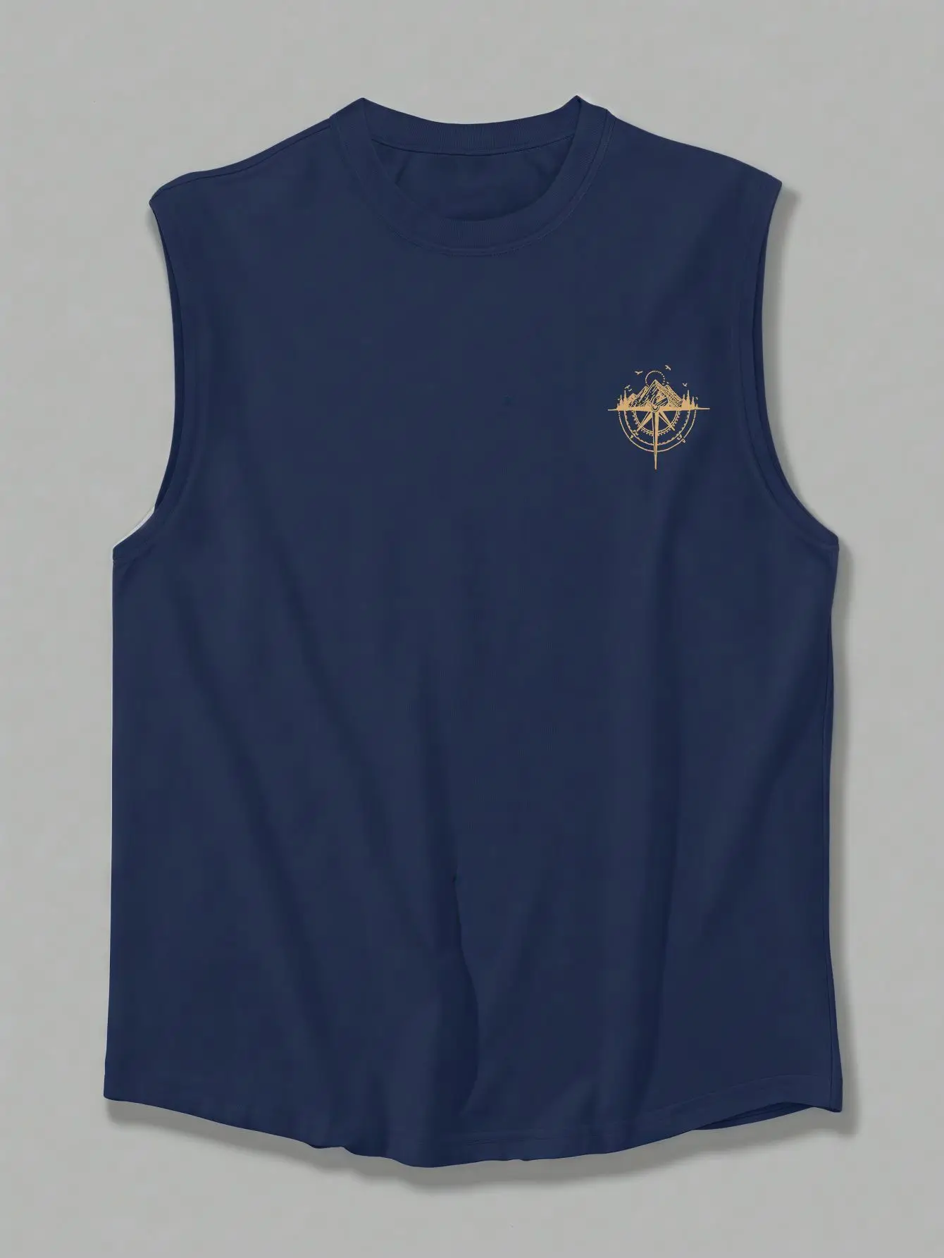 Summer 100% Pure Cotton Men's Fashion Casual Loose Compass and Mountain Pattern Print Fitness Sports Sleeveless Vest
