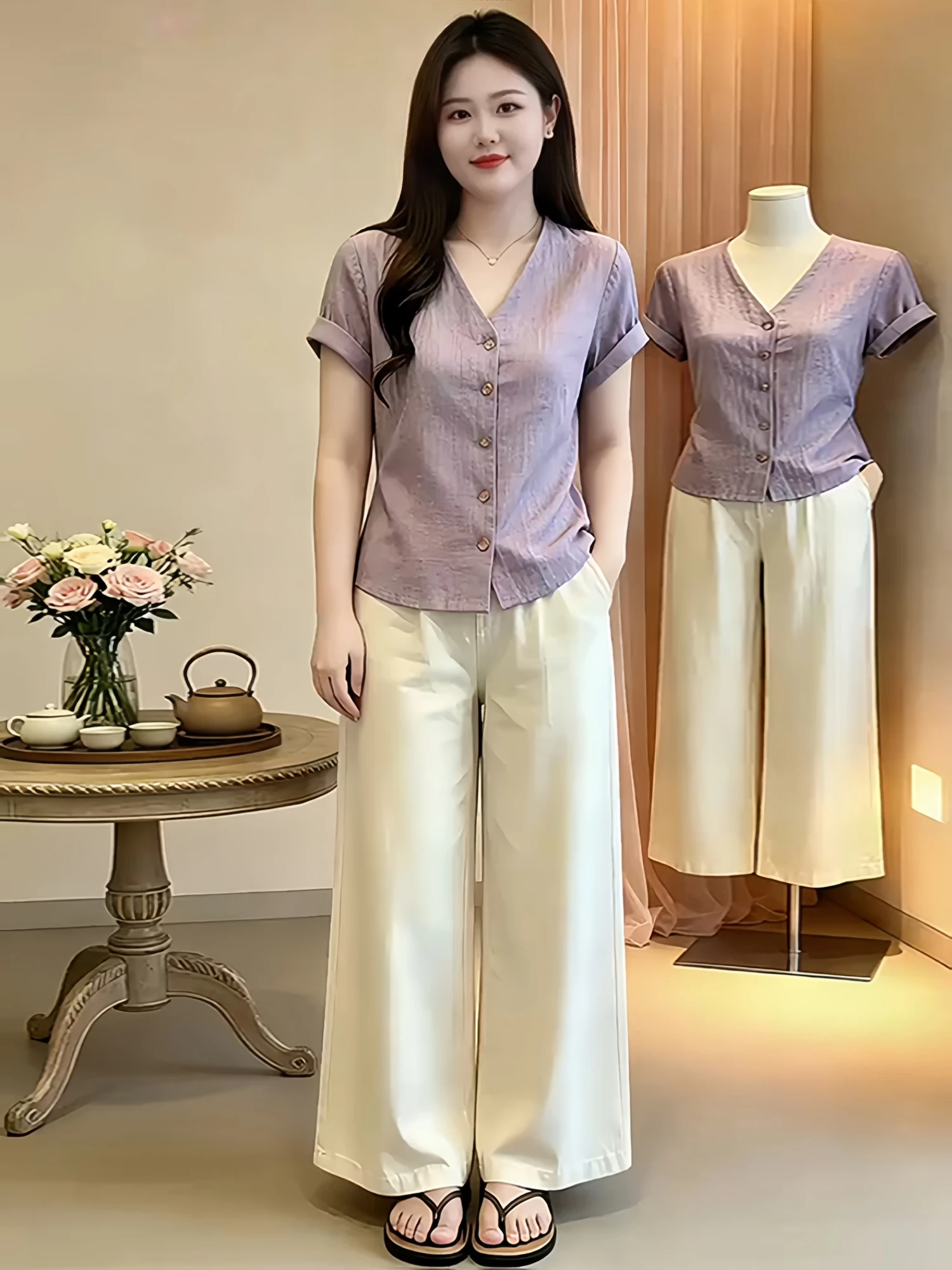 

Elegant V-neck Short Sleeve Shirt Women's Summer New Design Lightweight Casual Style Single Button Fashionable Top