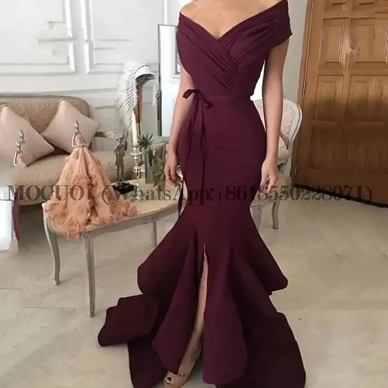 

Elegant Burgundy Evening Dresses V Neck Pleated Arabic Women Long Mermaid Formal Prom Dress Gala Robe De Soiree longue