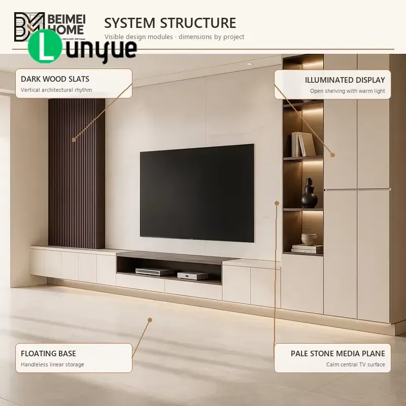 Modern Light Luxury Solid Wood TV Cabinet Built-in Wall Unit with Cream Locker Deep Walnut Board Display Stand for Living
