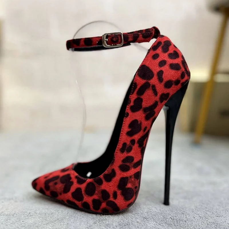 Tacchi alti leopardati CACA 16 cm, décolleté da donna, zuppe fetish da pole dance, punta a punta sexy, cinturino con fibbia alla caviglia, rosso,