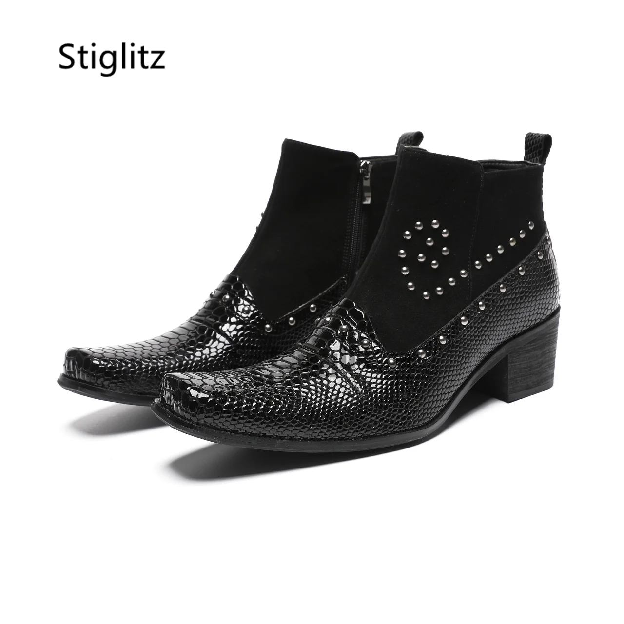 

Snake Pattern High Heels Men's Boots Black Genuine Leather Square Toe Ankle Boots Rivet Side Zipper Party Office Shoes Men