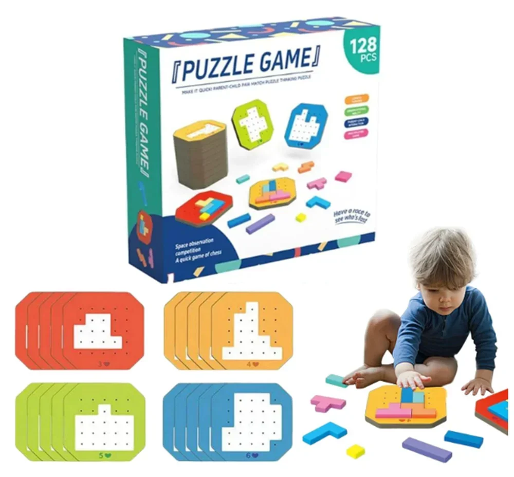 128Pcs Kids Shape Matching Puzzle Game, Montessori Educational Tangram Blocks, Multiplayer Brain Teaser Toy for Boys Girls Gift