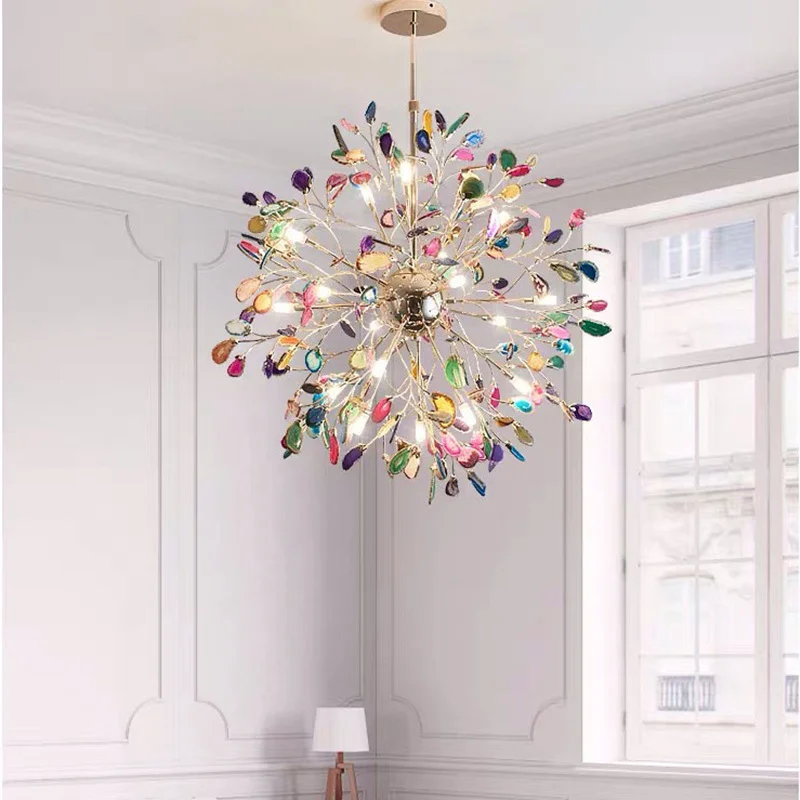 2021 New Plated Globe LED chandelier agate blue/green/purple/pink agate chandelier for bedroom living room kitchen dining foyer