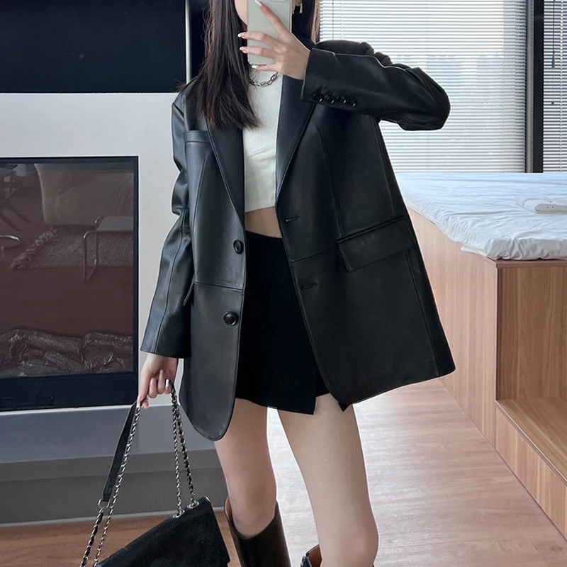 100% Real Leather Blazer Jackets for Women Fashion Black Lapel Collar Office Ladies Long Sleeve Loose Sheepskin Coats 2025 New