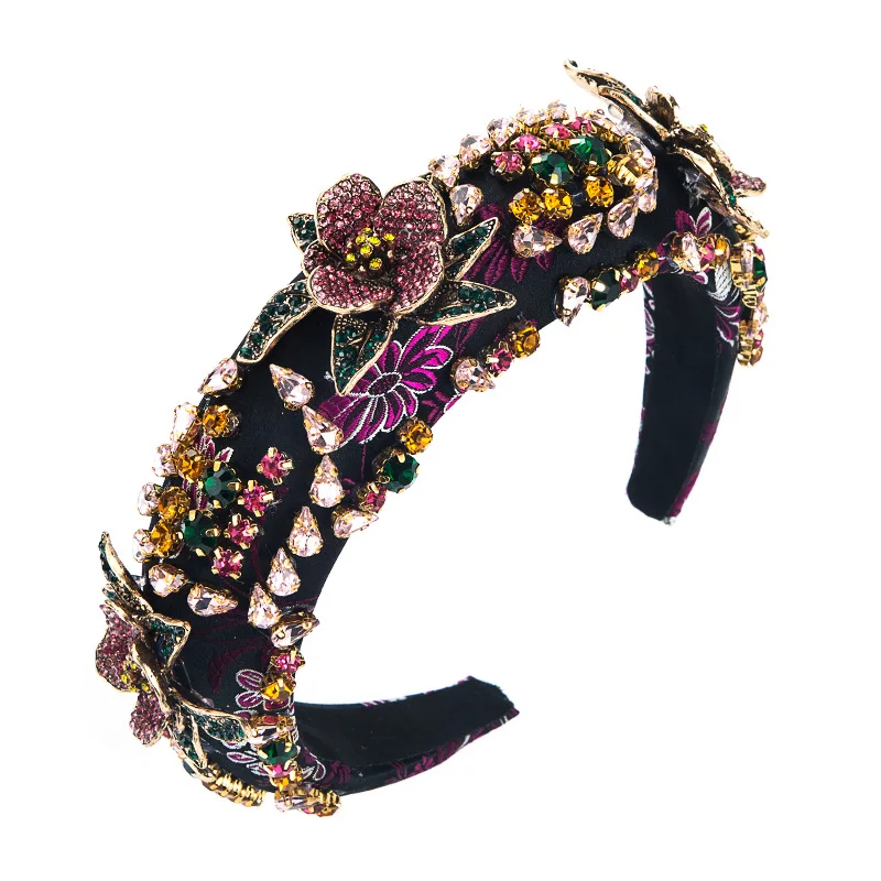 

Fashion Exaggerated Headdress Diamonds Headband Embroidered Rhinestone-Flower Shaped Baroque Hair Ornament Padded Headband