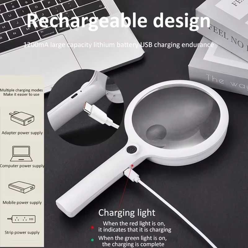 B53C Handheld Magnifier 3 Lighting Modes Rechargeable Illuminated Magnifying Glass Portable Magnifier For Reading Repair