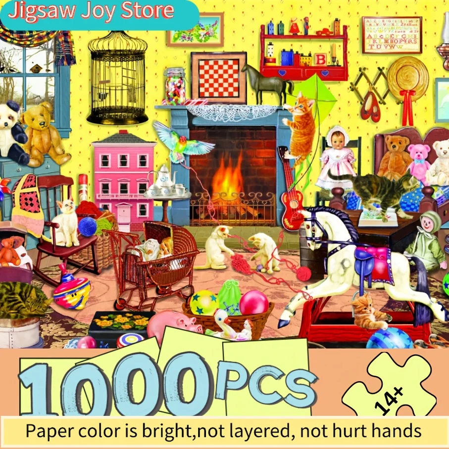 

Пазл для взрослых - Уютная сцена у камина с плюшевыми мишками, винтажными игрушками и причудливыми деталями, 27x20 дюймов, премиум-бумага, художественное оформление