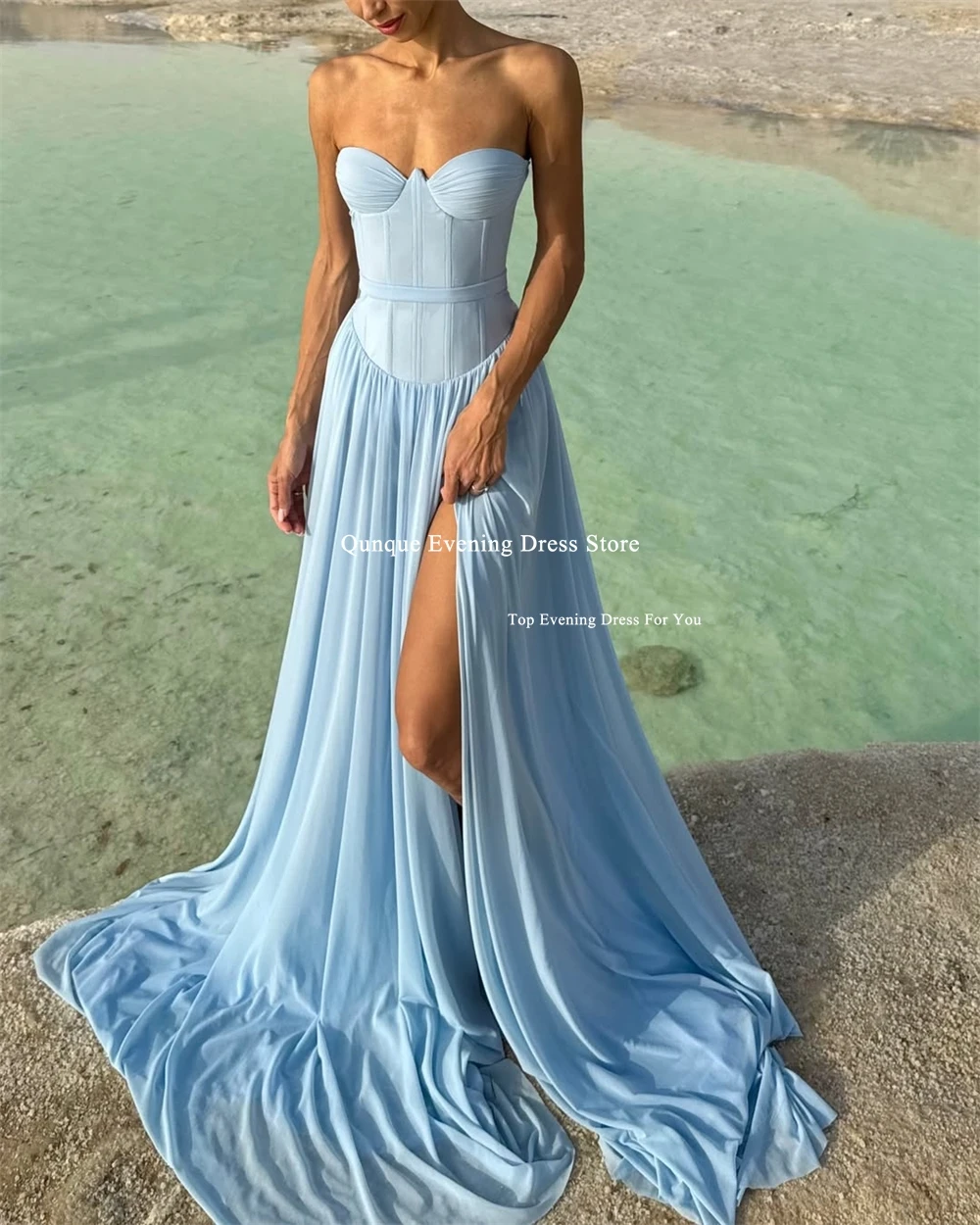 Qunque Floor Length Chiffon Beach Evening Dresses for Women Sexy Sweetheart Side Split Pleated Party Gowns Prom Gowns Customized image 3