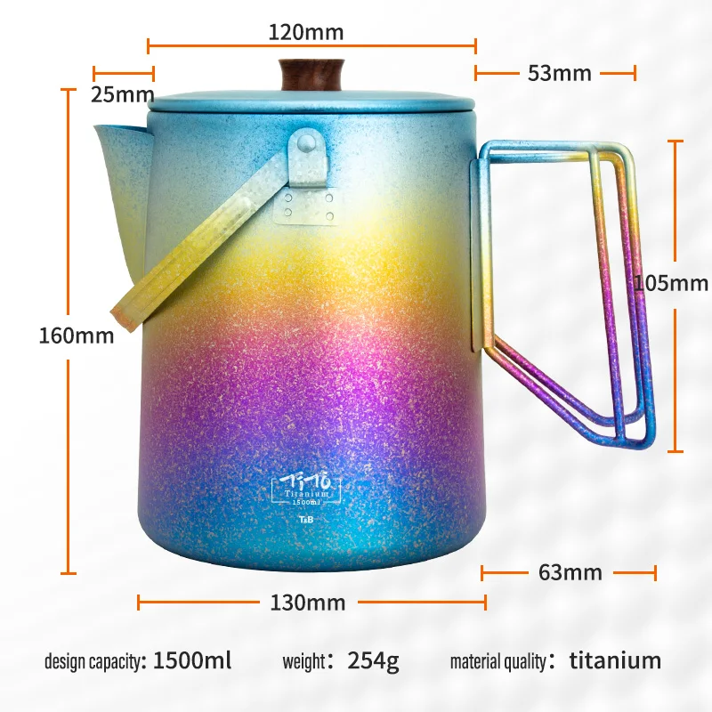 TiTo 1.5L Camping Multicolor Titanium Espresso Coffee Tea Milk Pot Kettle Can for Outdoor Travel Picnic Campfire Stovetop Kettle