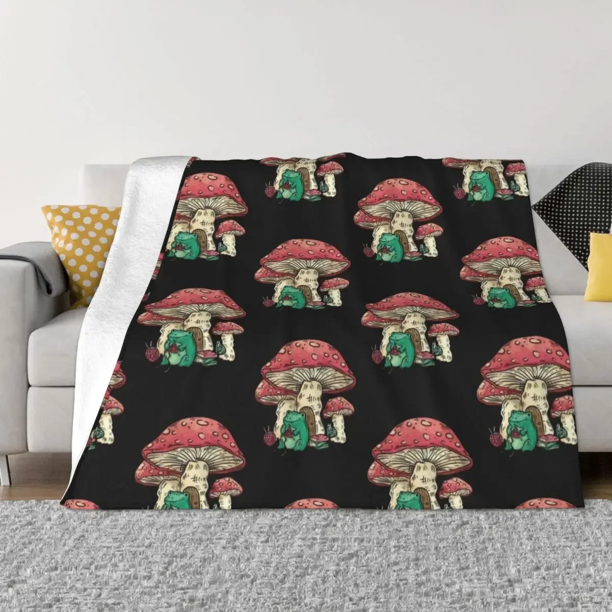 Frog sitting under a mushroom knitting, Cottage Core frog and mushroom, Cute frog and mushroom, Gift for people wh Throw Blanket