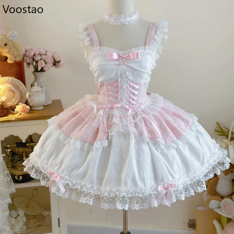 Japanese Sweet Lolita Jsk Dress Women Elegant Ruffles Lace Bandage Princess Strap Dresses Girls Y2k Kawaii Tea Party Mini Dress