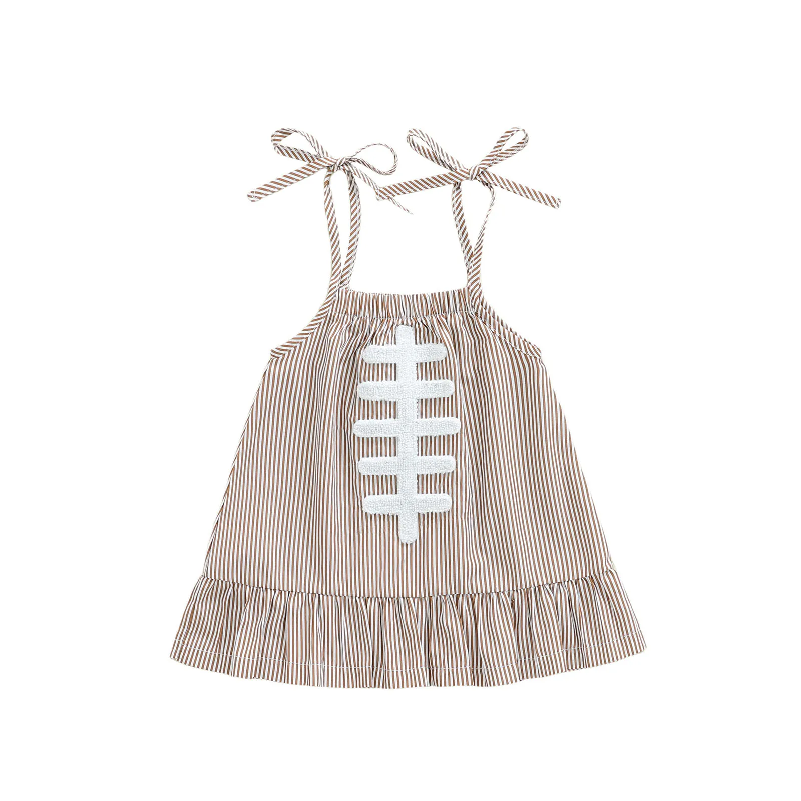 

Toddler Baby Girls Striped Dress Fashionable Rugby Embroidery Tie Up Sleeveless Summer Ruffle Dress