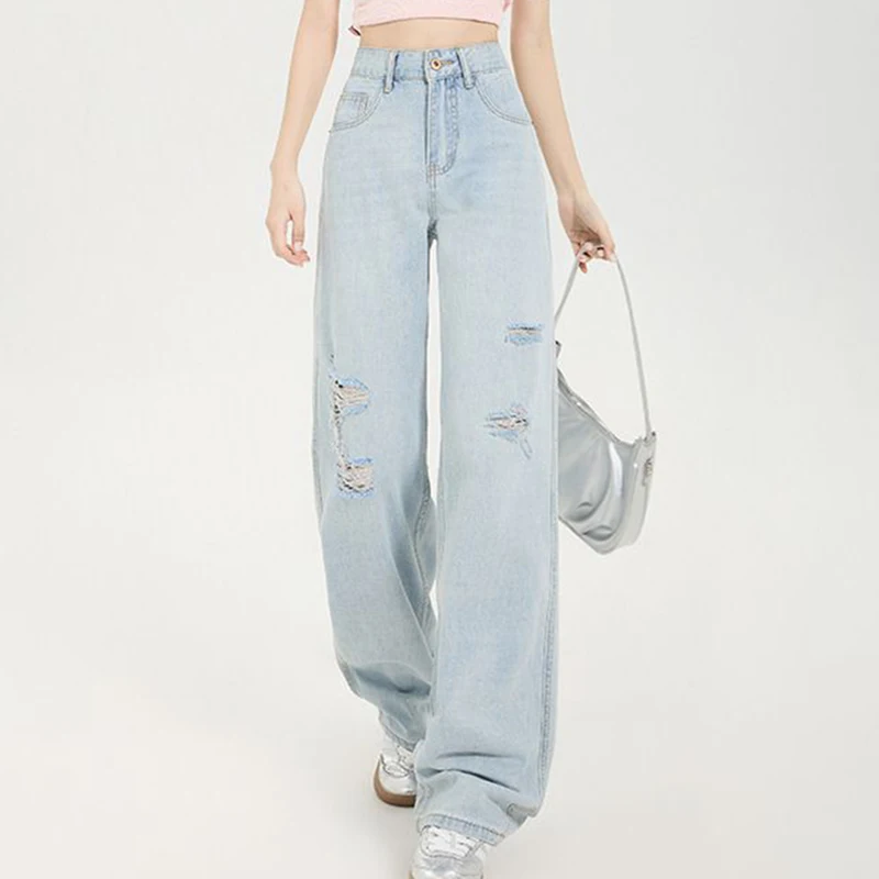 

Women's Jeans With Holes Collection New Brand High Waist Wide Leg Hanging Sensation Denim Pants
