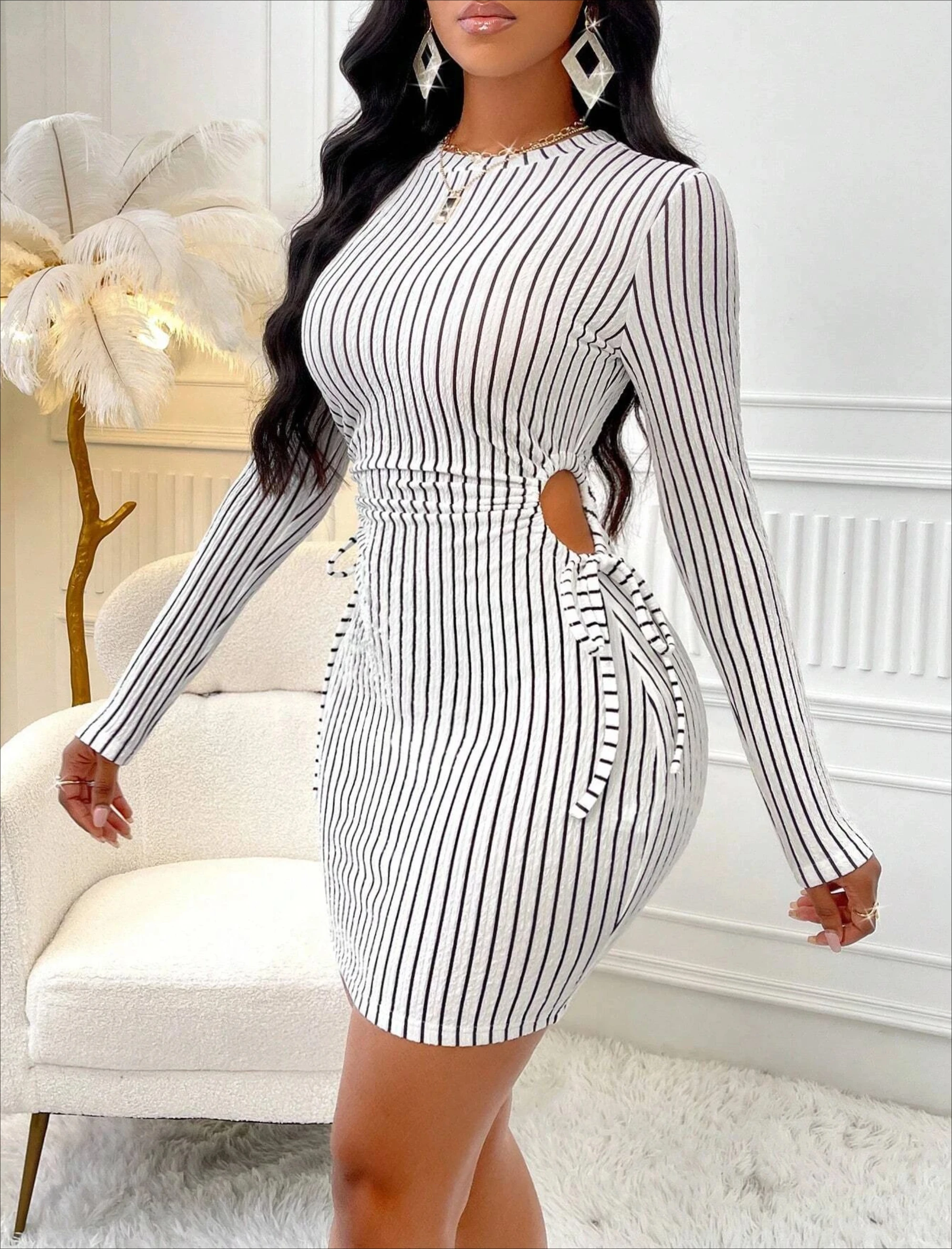 Women's Striped Knit Long Sleeve Dress, Waist Cut Out Tie Design, Slim Fit Elegant Fall & Winter Fashion