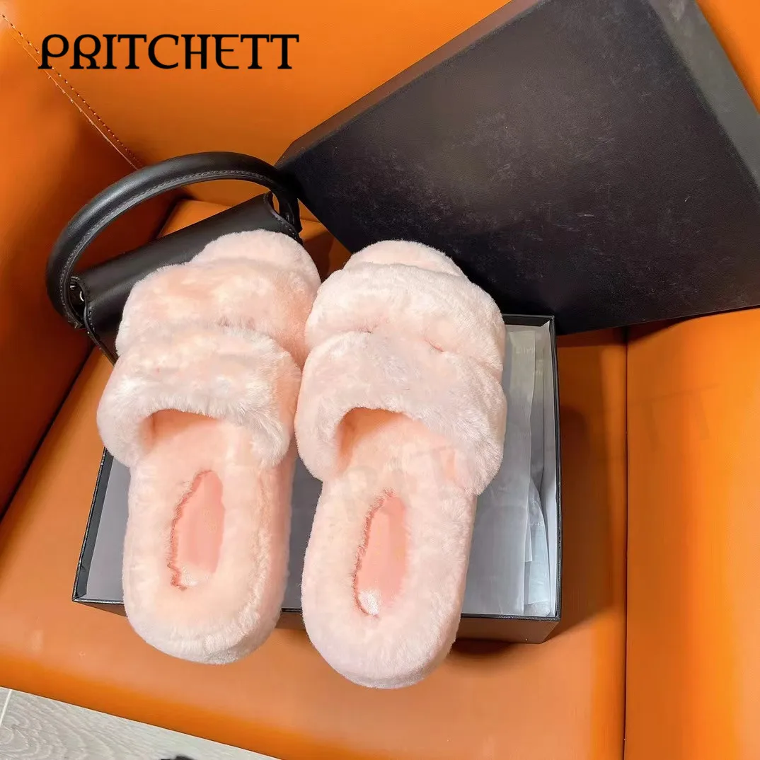 

Pink Fluffy Warm Slippers Round Toe Flat Heel Open Toe Casual Slippers Large Size Fashion Home Autumn and Winter Ladies Slippers