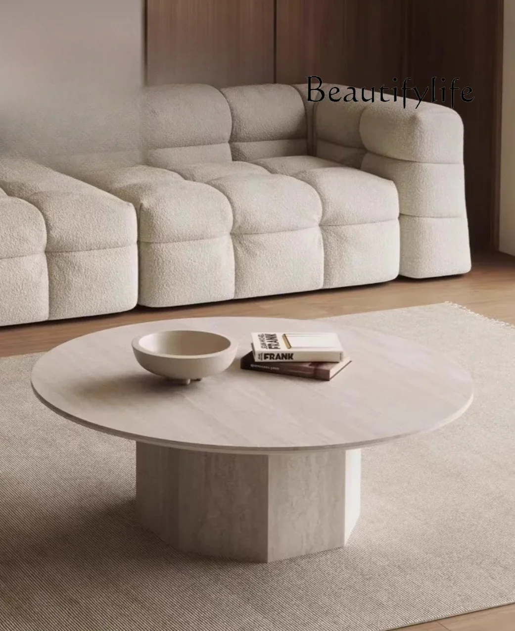

French medieval travertine rock slab round coffee table living room small apartment wabi sandy wind designer round coffee table