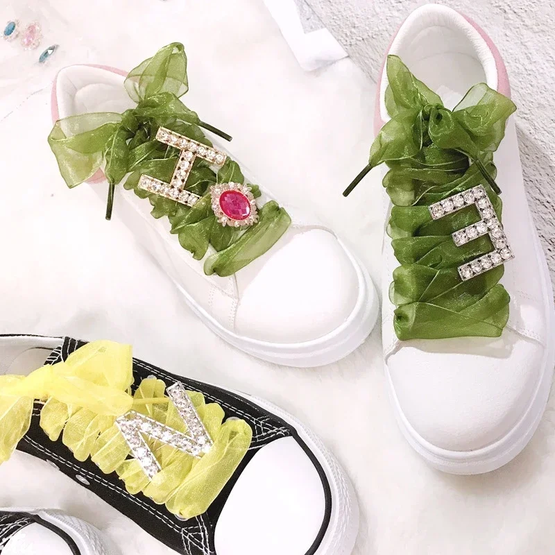 

Snow Yarn Shoelace Diamond Letters Shoes Decoration Luxury Rhinestone Flat Shoelaces 4cm Width Fashion Casual Women Shoe Laces