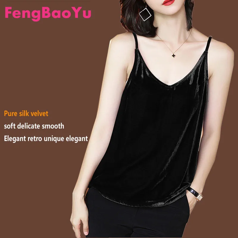 

Fengbaoyu Velvet Spring and Summer Lady Sling V-neck Vest Bottomed Shirt Black 4XL 5XL Black Tops Women Clothing Free Shipping