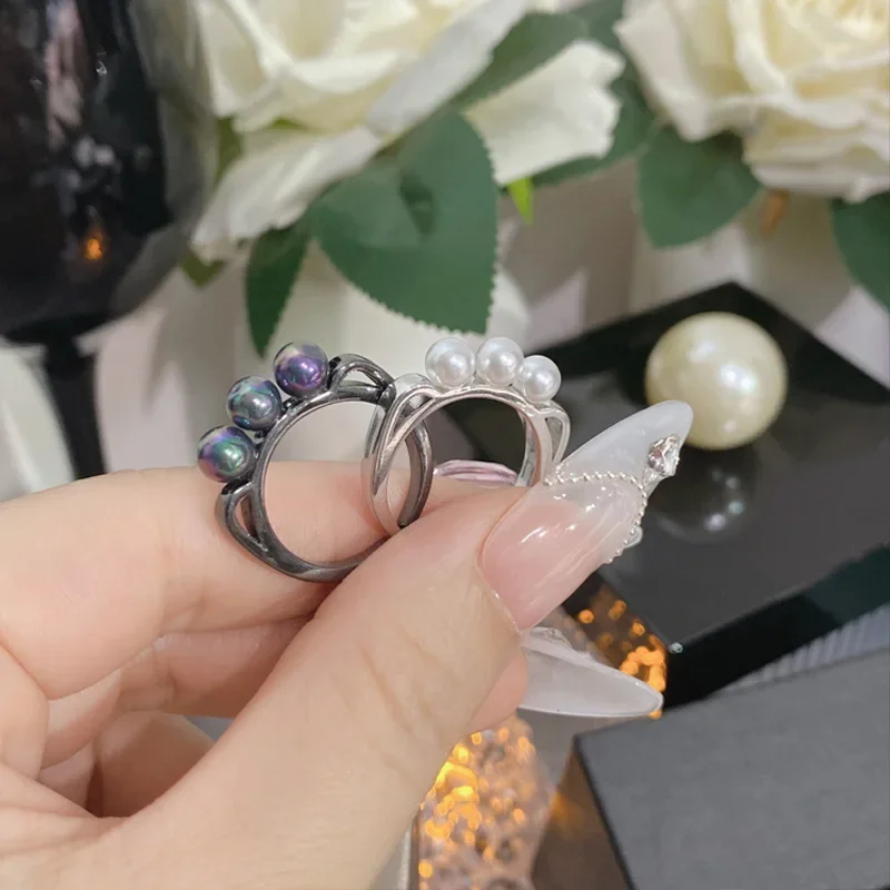 

MDLFES Moiss1n Diamond Style White round imitation natural bead pearl ring with black gold plating