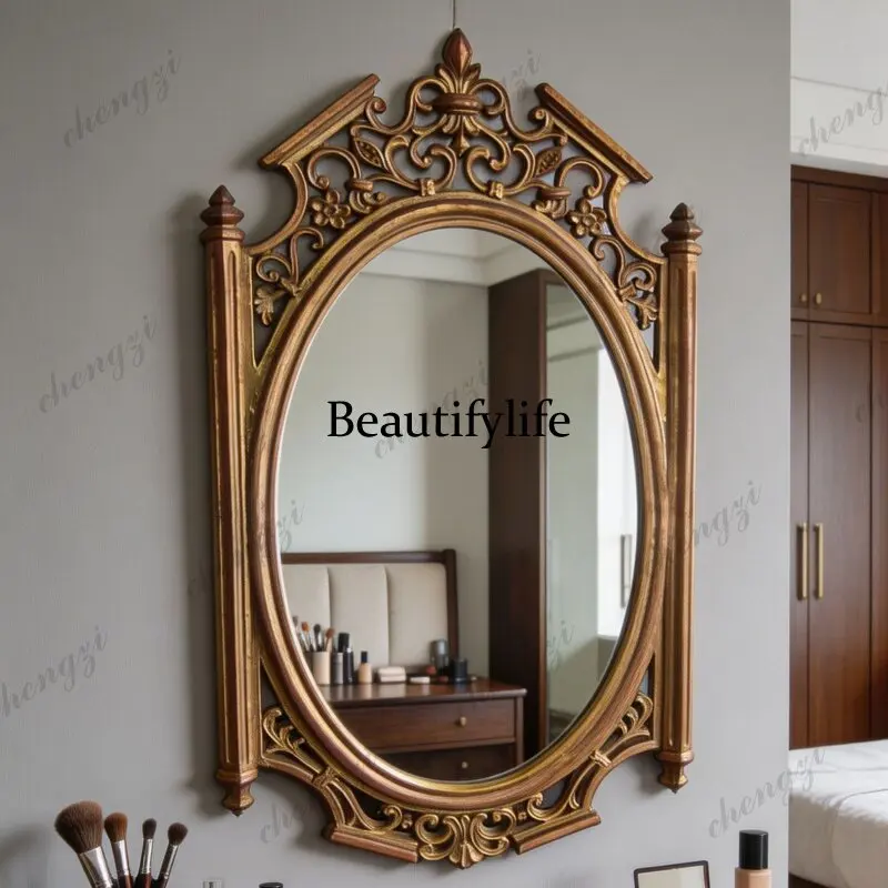Retro European engraving craft oval makeup mirror American wall-mounted decorative mirror bedroom bathroom mirror