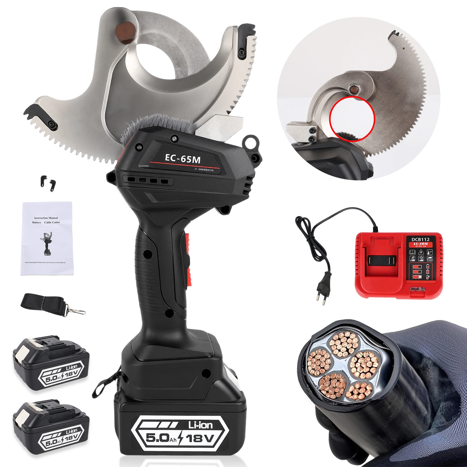Podofo 18VDC Bürstenloser Elektrischer Kabelschneider-Set 50MM 65MM ACSR Ratschen-Kabelschere Handliches Schneidwerkzeug für Elektriker Inklusive 2 Akkus und Ladegerät