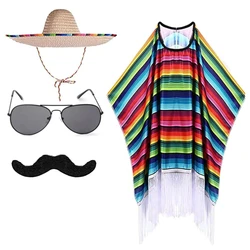 Adult and Child Mexican Party Costume Colorful Cloak Cloak Wide-brimmed Hat Sunglasses Beard Mexican Festival Halloween Carnival