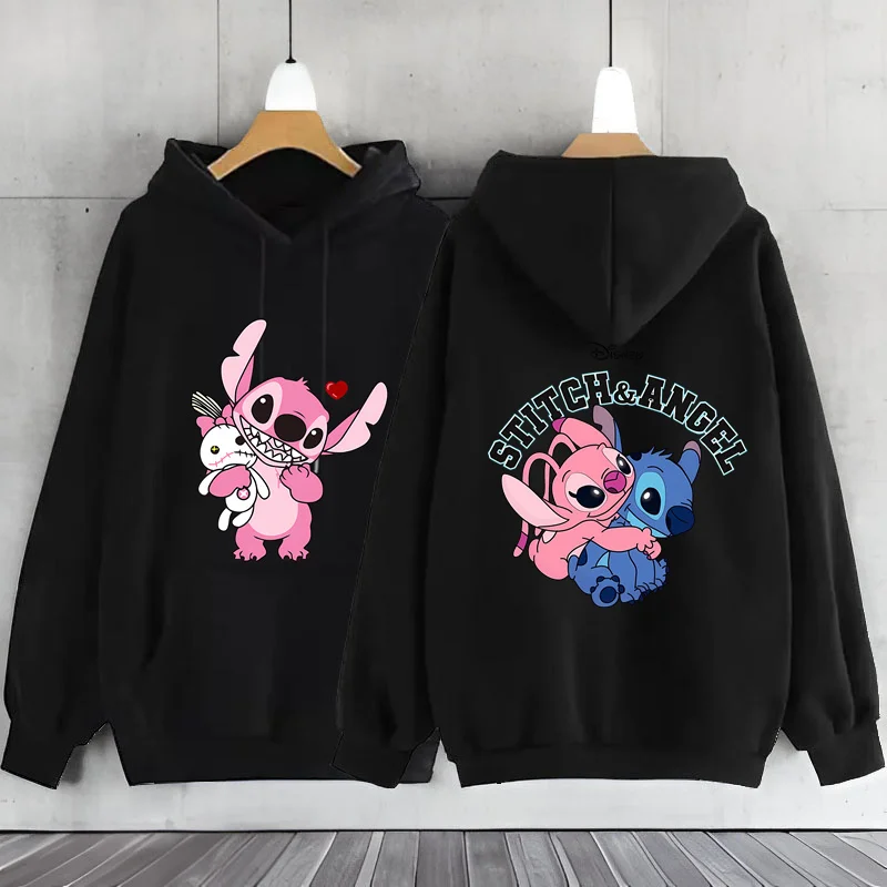 2026 Sudadera con capucha negra para mujer, sudadera de la marca Lilo & Stitch Disney, sudadera con capucha con bonito patrón de dibujos animados, Jack cálido de otoño/invierno