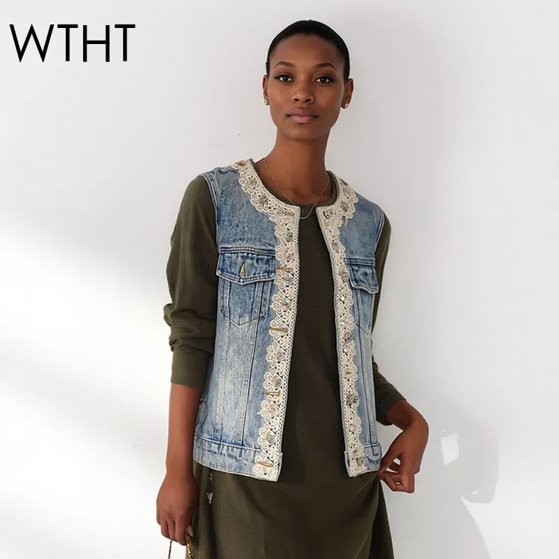 

Новая модная женская джинсовая жилетка WTHT с кружевными вставками и стразами по краю, с круглым вырезом, без рукавов, весна 2026, модель 1LS3008