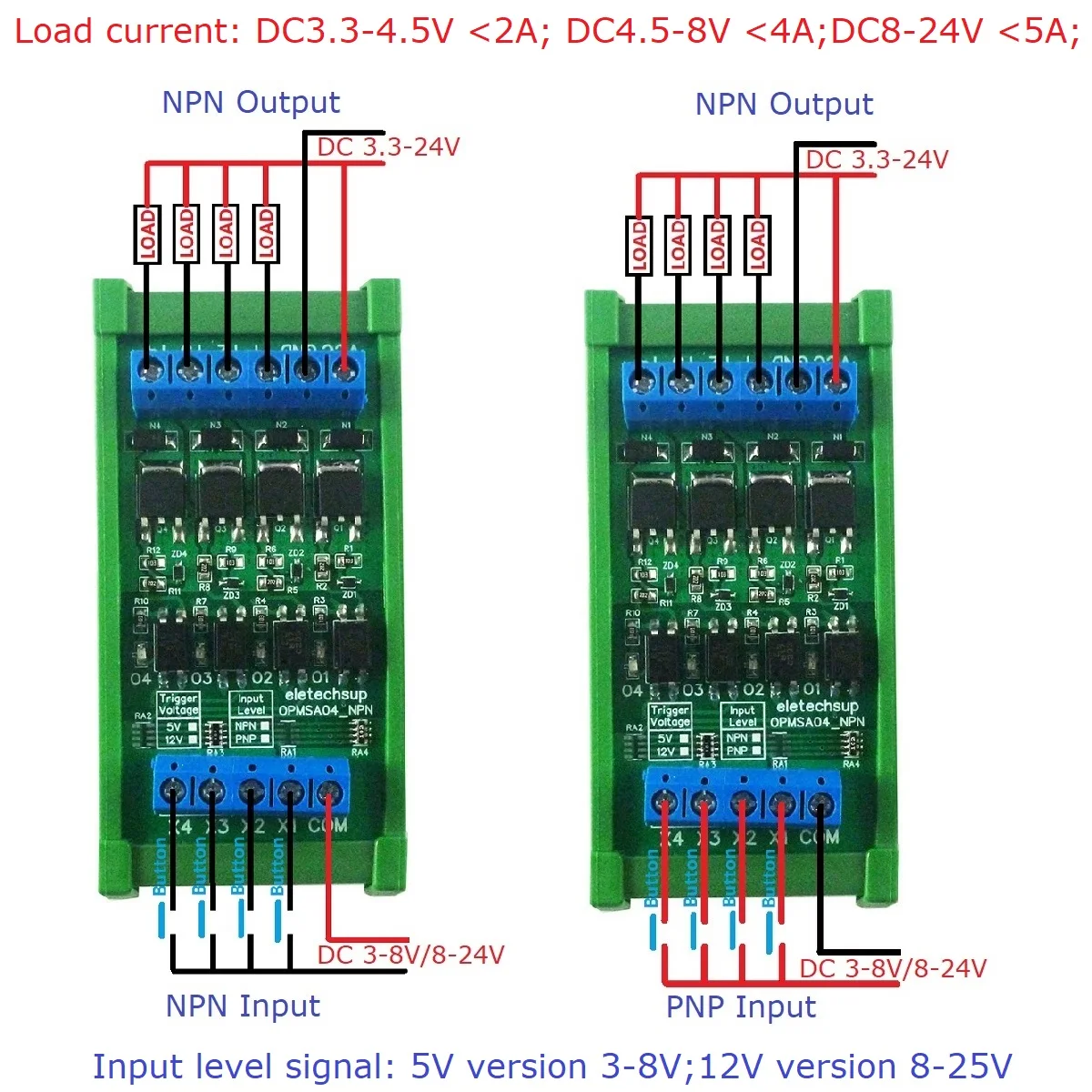 Amplificador de sinal de nível lógico digital, dc 3.3-24v 4ch 5a npn/pnp driver led opmsa04 para arduino raspberry pi pico esp32 esp8266