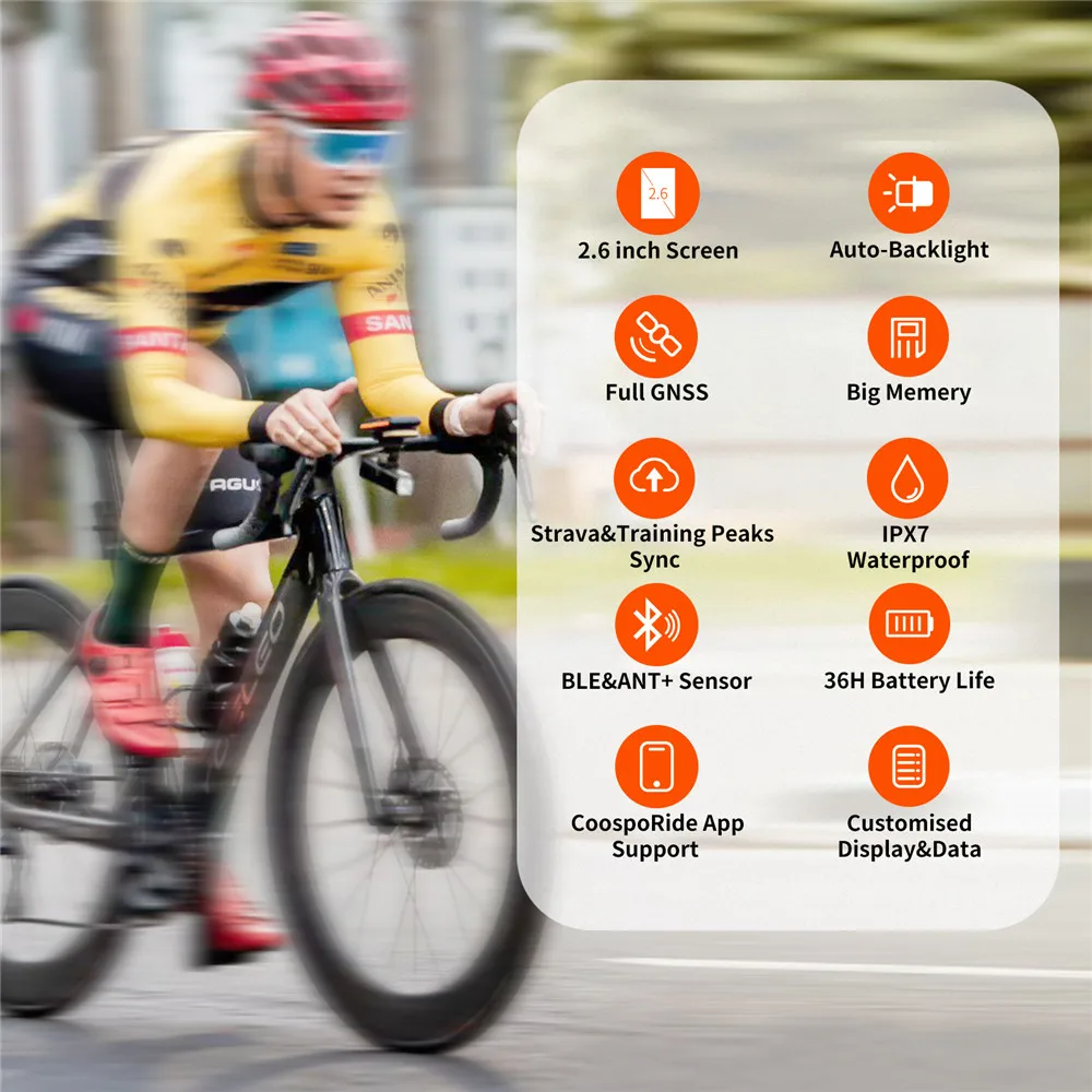 COOSPO BC200 Wireless Bicycle Computer GPS Bike Speedometer Cycling Odometer 2.6in Bluetooth5.0 ANT+ APP Sync Slope Altitude