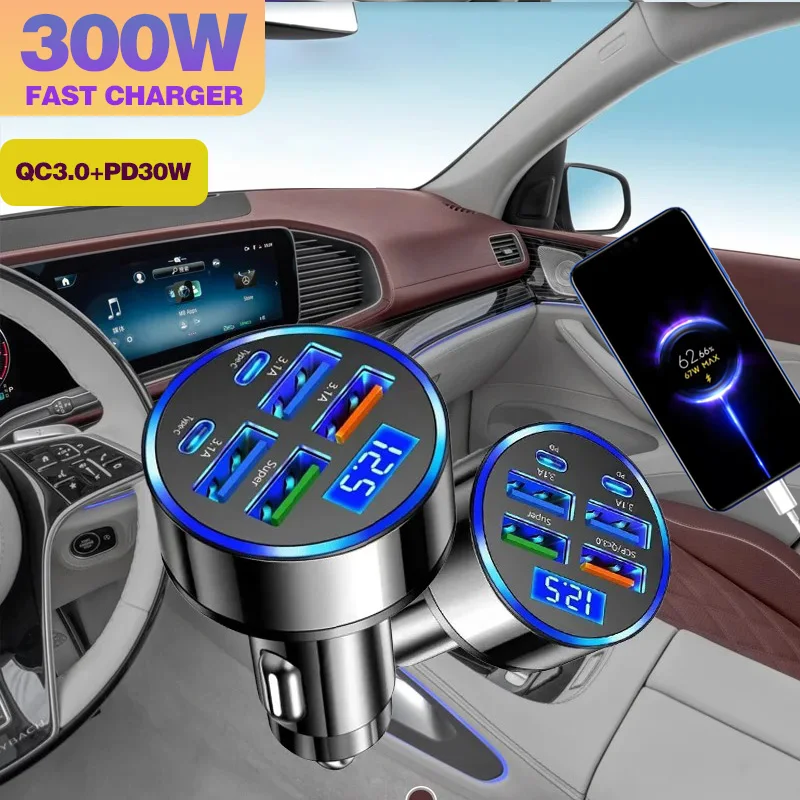 300W 6 Ports Car Charger Fast Charging PD30W/QC3.0/SCP/FCP/AFC/PSS Car Cigarette Lighter Flash Charge with Digital Display