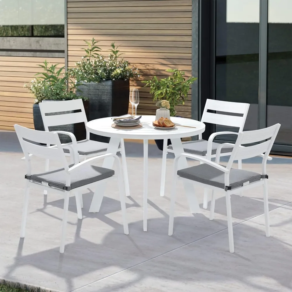 5 Piece Outdoor Dining Set,Aluminum Patio Furniture Dining Set with Round Dining Table w/Umbrella Hole and 4 Stackable Chairs